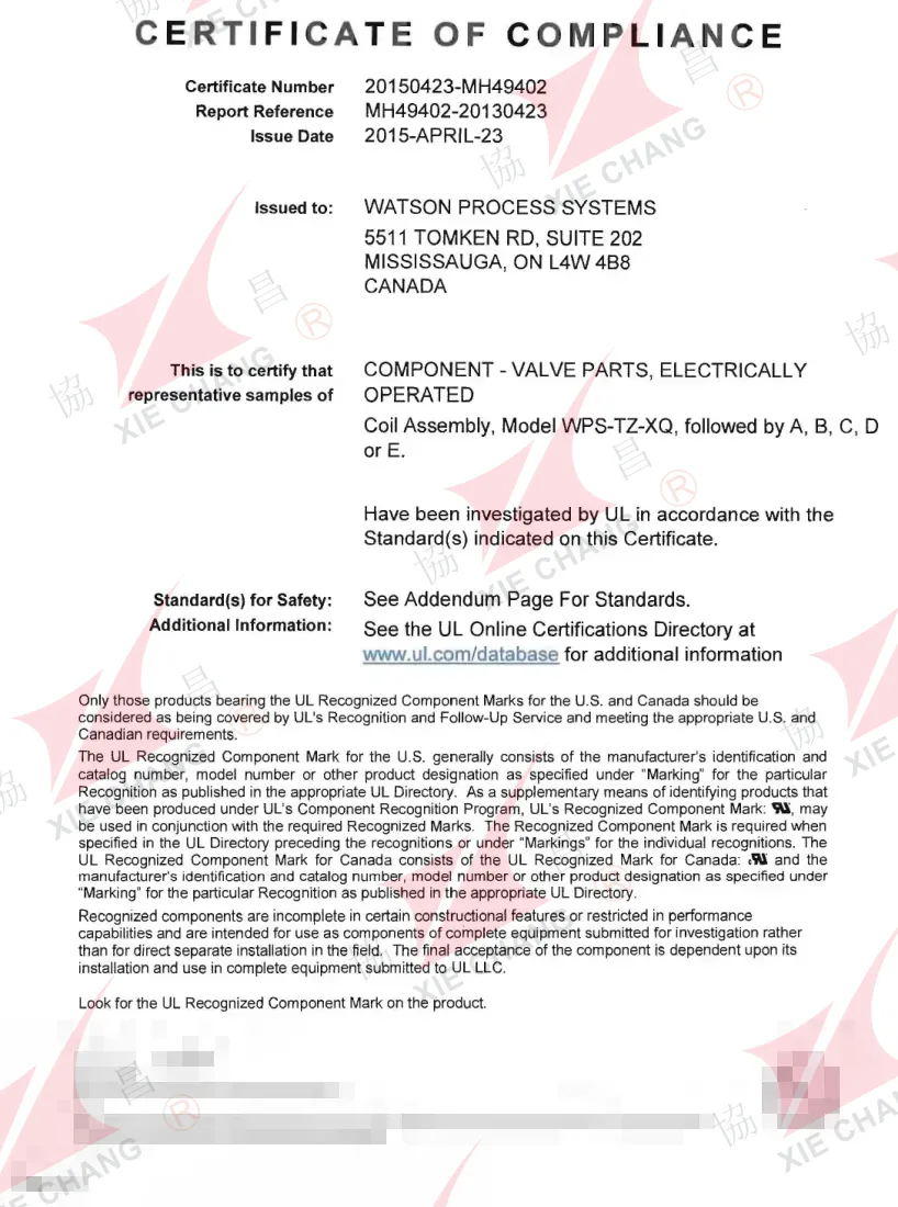 Sertifikat Kesesuaian UL — Recognized Component, rakitan koil untuk katup yang dioperasikan secara elektrik