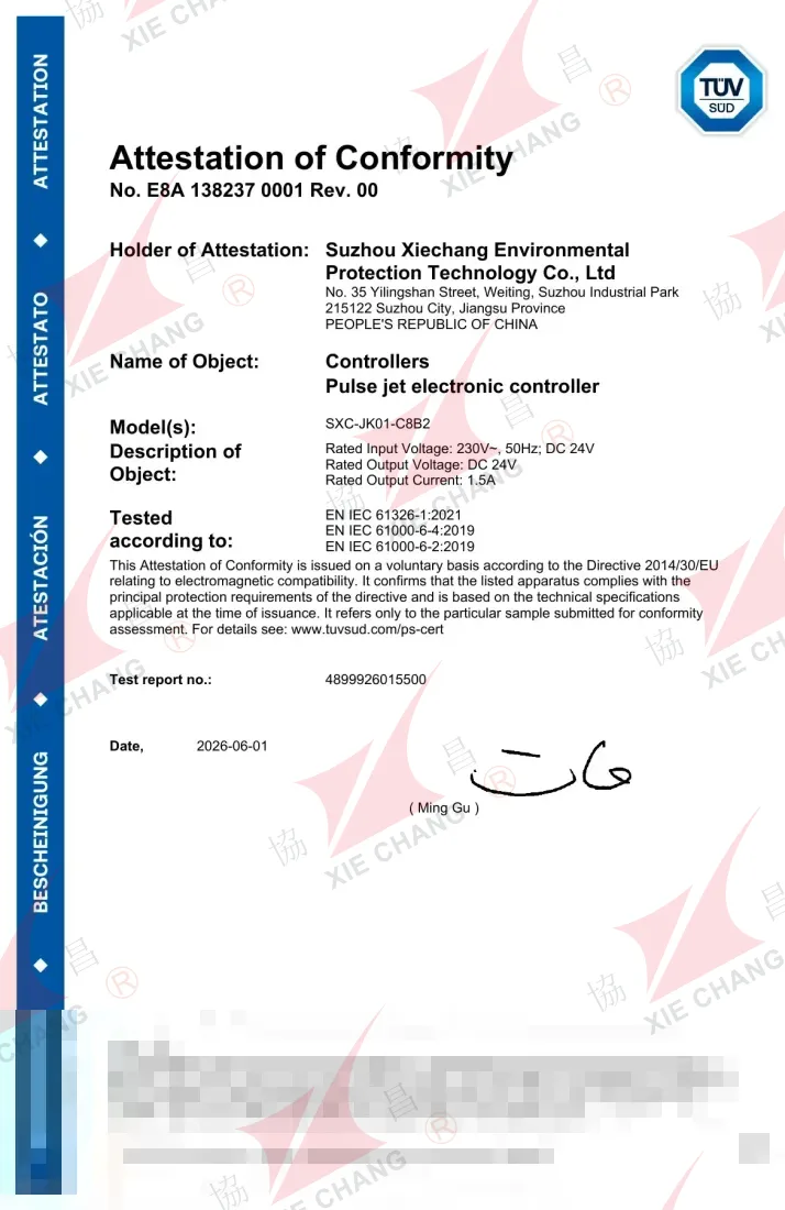 Atestasi Kesesuaian TUV SUD — kontroler pulse jet SXC-JK01-C8B2 (Direktif EMC)
