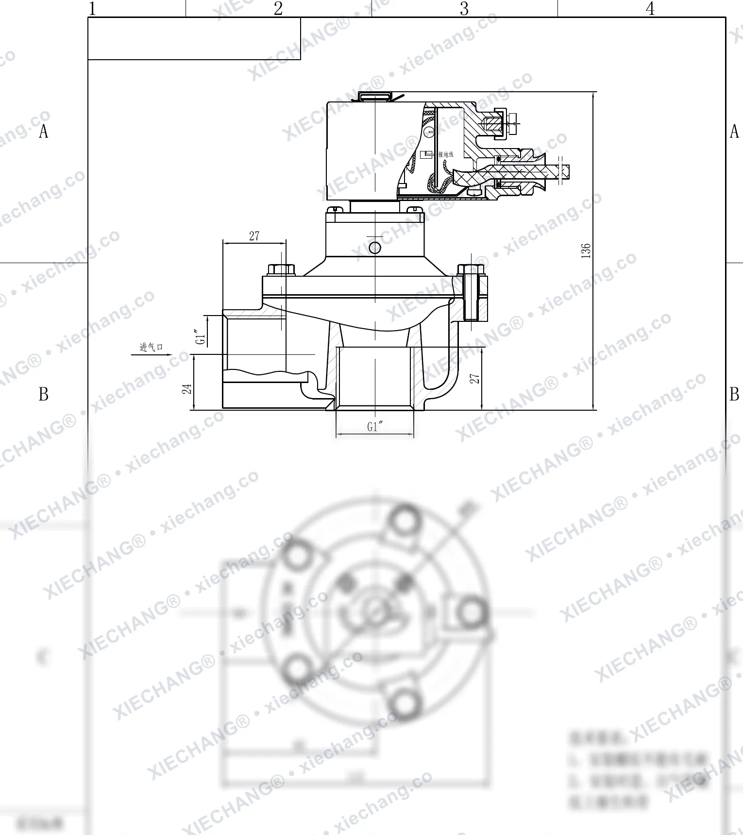 DCF-F-Z-25 · 1" (DN25) · katup pulse tipe siku (right-angle) explosion-proof — Gambar pemasangan