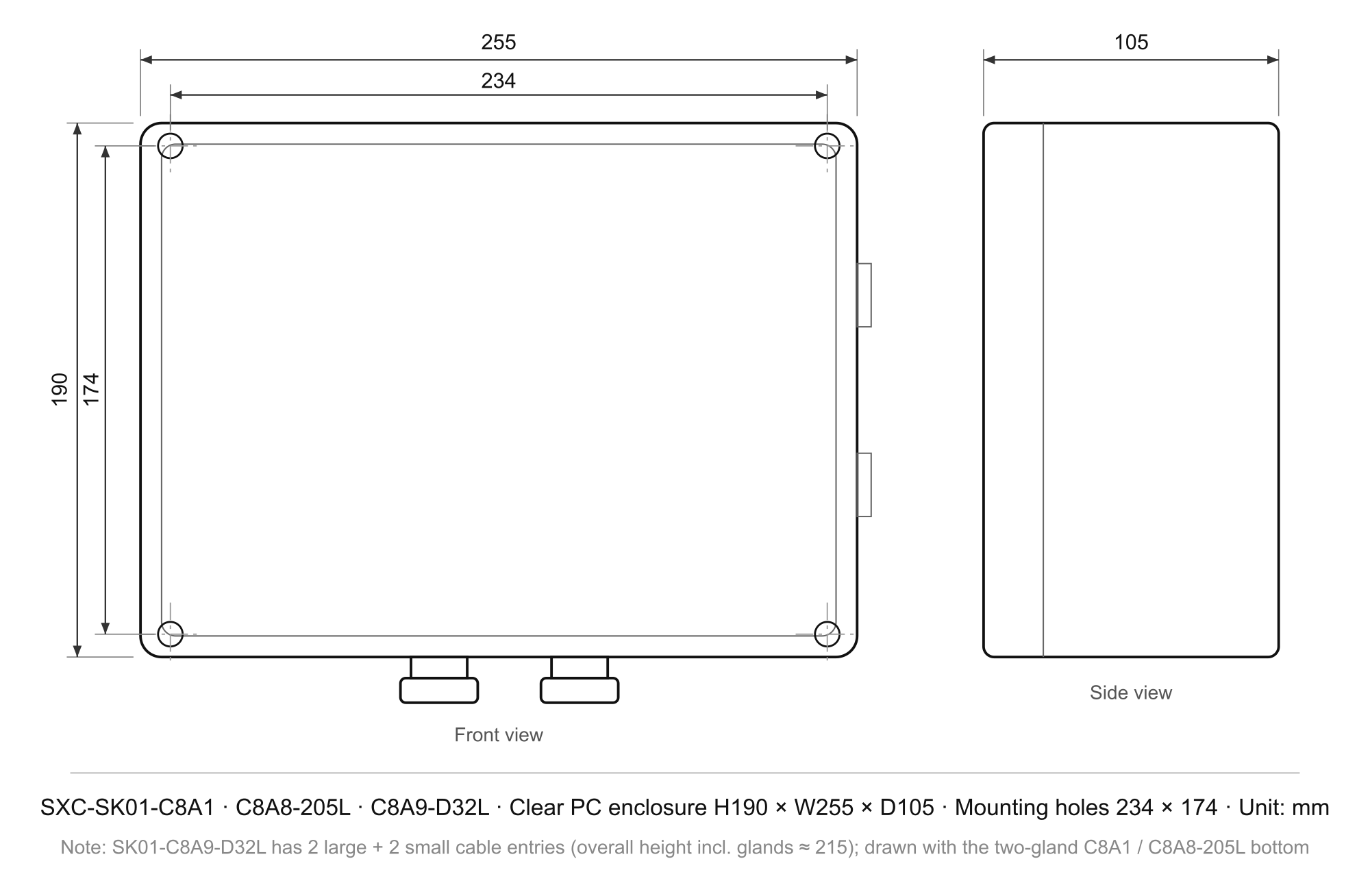 SXC-SK01-C8A1 · 1–40 kanal · kontroler pulse — Gambar enclosure & pemasangan